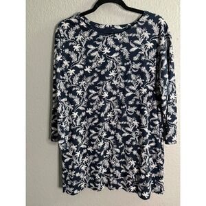 J. Jill Luxe Crew Neck XL Tunic Navy White Floral Print 
 Cotton Casual Relaxed